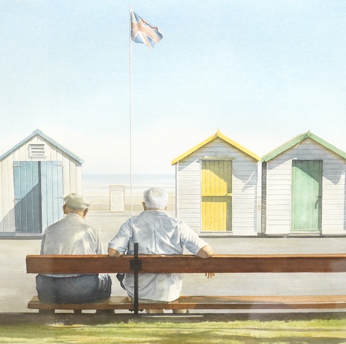 Tim Shorten (contemporary), two figures seated before beach huts, signed in pencil, watercolour, 45 x 44cm